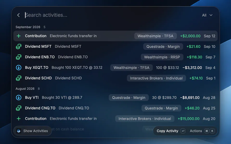 The Show Activities command: activity grouped by month, with contributions, dividends and buys each showing the account, amount and date, and an All filter in the search bar.