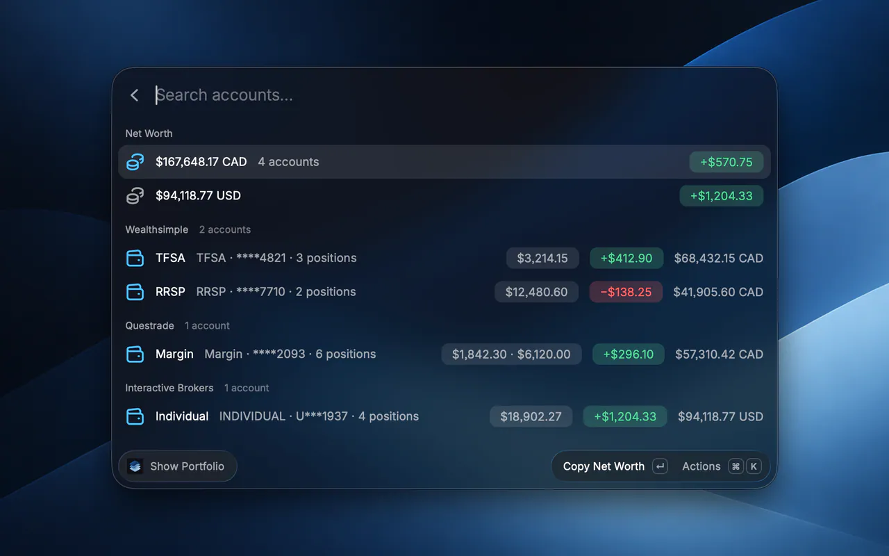 The Show Portfolio command in Raycast: net worth of $167,648.17 CAD across 4 accounts and $94,118.77 USD, with accounts listed under Wealthsimple, Questrade and Interactive Brokers, each showing cash, day change and total value.