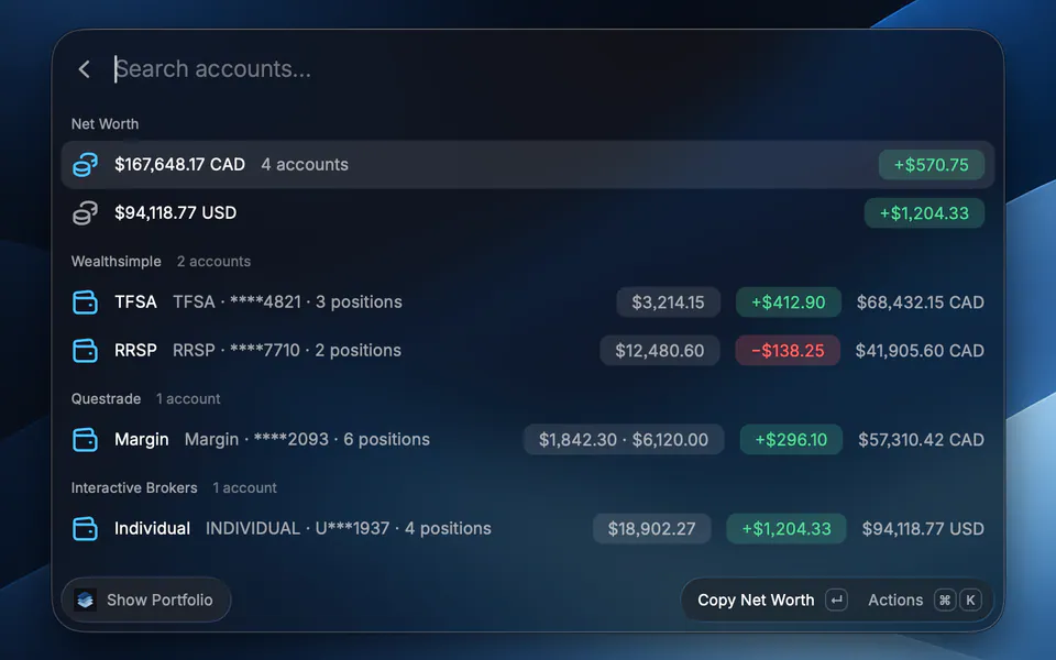 Net worth rows for CAD and USD above accounts grouped under Wealthsimple, Questrade and Interactive Brokers, each with cash, day change and total.